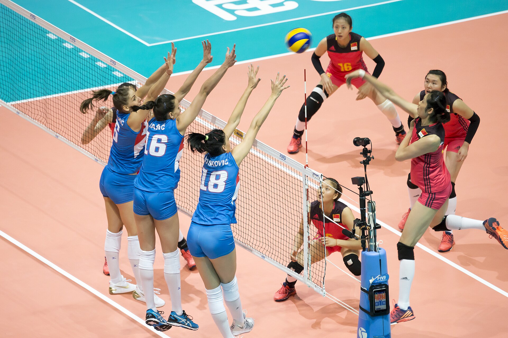 Imagem de referência de voleibol, descrito nos dados abertos como jogo de bola e esporte de equipe, em que duas equipes competem para aterrar a bola no lado dos oponentes da rede