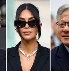 Mark Zuckerberg, chefe da Meta, Kim Kardashian, cofundadora da Skims e estrela de reality show, e Jensen Huang, CEO da Nvidia, em fotos lado a lado. Foto: Reuters / BBC News Brasil