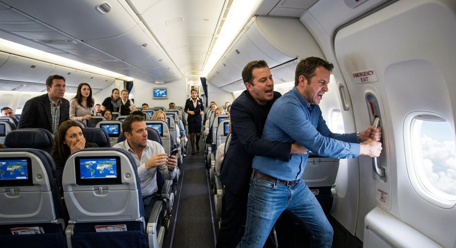 Homem em surto tenta abrir porta de avião em pleno voo Imagem gerada por IA/Gemini