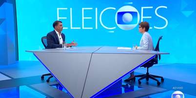 A apresentadora Renata Lo Prete e o candidato Flávio Bolsonaro (PL) nos Estúdios Globo, na zona oeste do Rio Foto: Reprodução